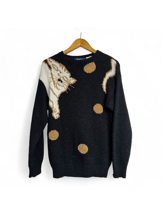 Bay Club Sweaters - Vintage Bay Club Metallic Cat Sweater Black Gold Knit Novelty Pullover Small